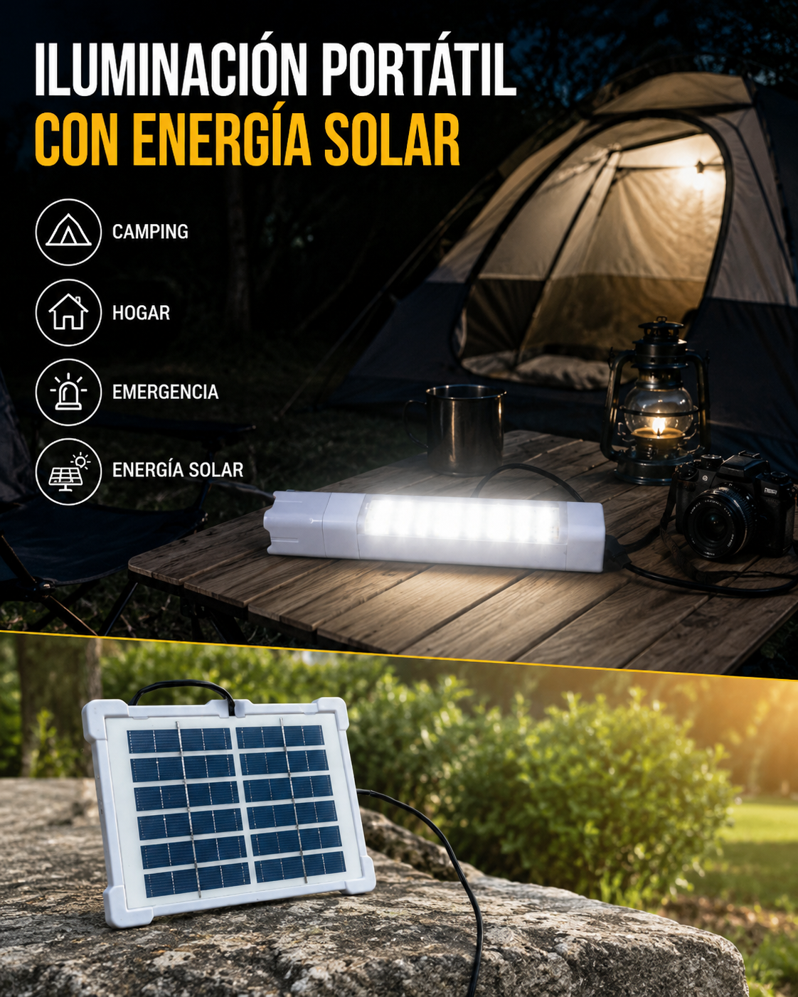 Linterna y luz solar de camping