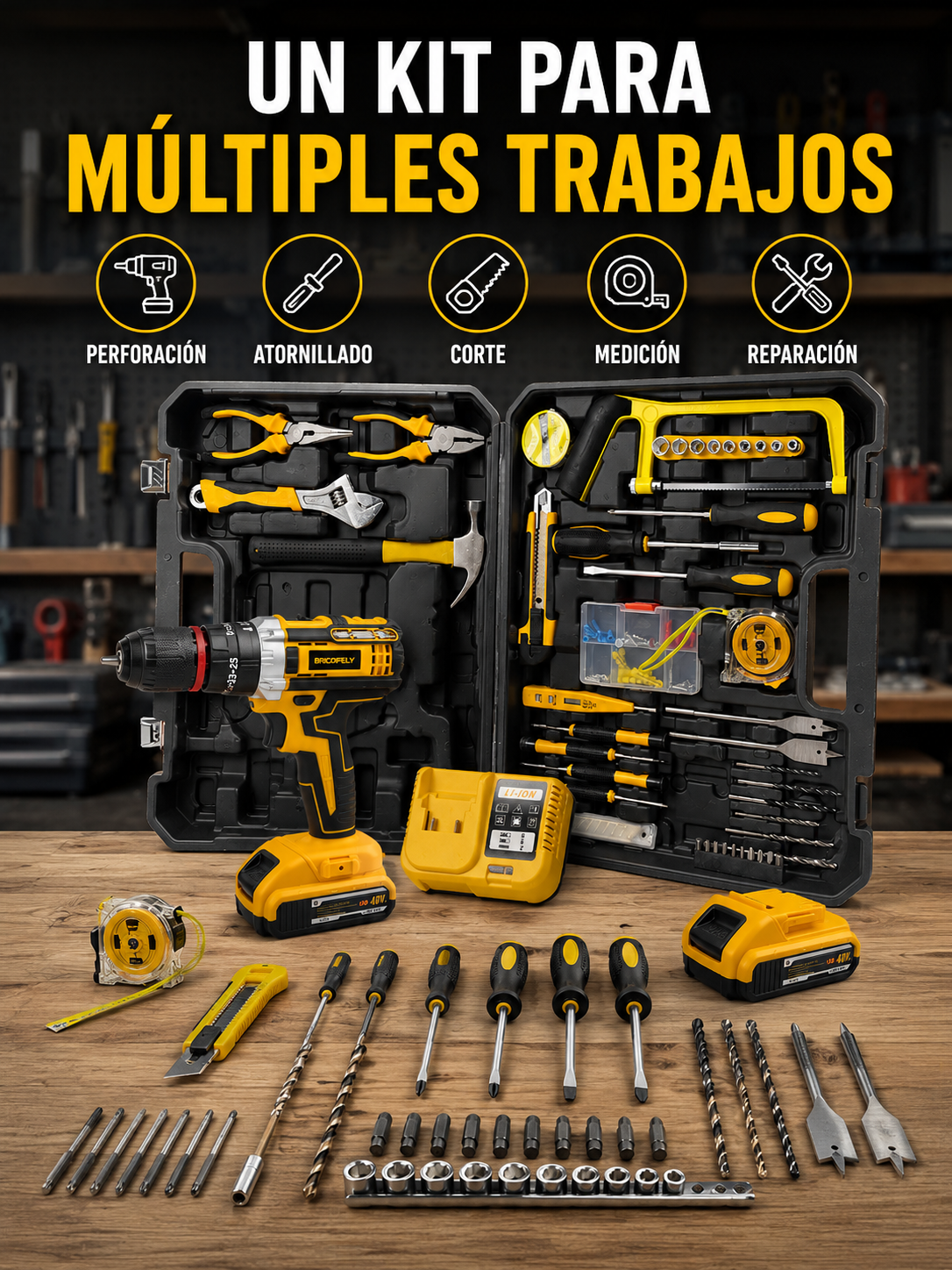 Taladro con set de herramientas