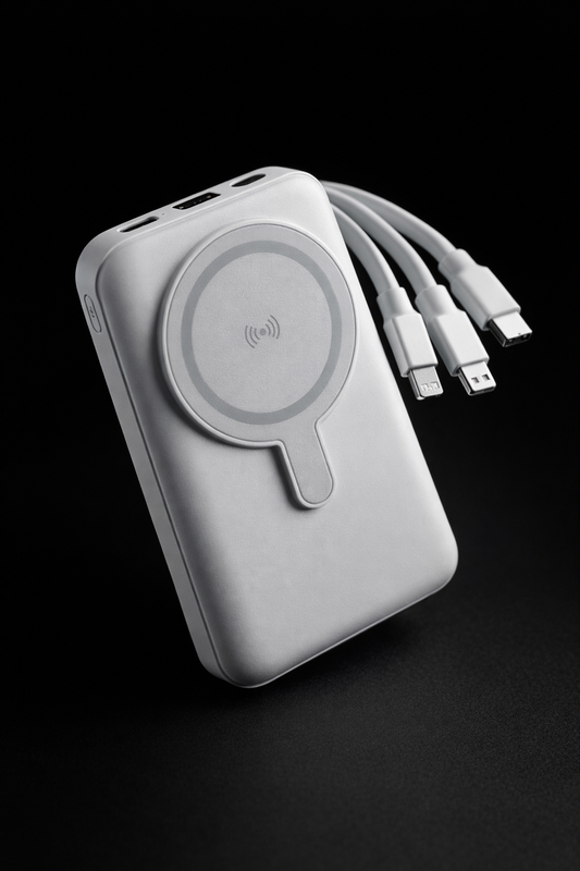 Power bank inálambrica 10.000 MAH con cables incluidos.