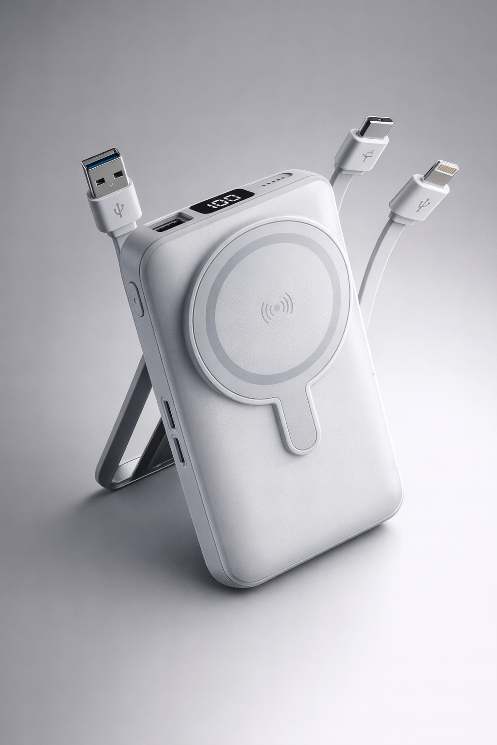 Power bank inálambrica 10.000 MAH con cables incluidos.